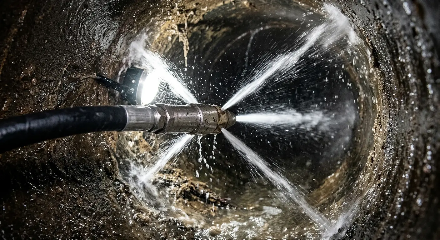 High-pressure hydro jetting nozzle cleaning sewer pipe for Trenchless Sewer Repair in Kasson