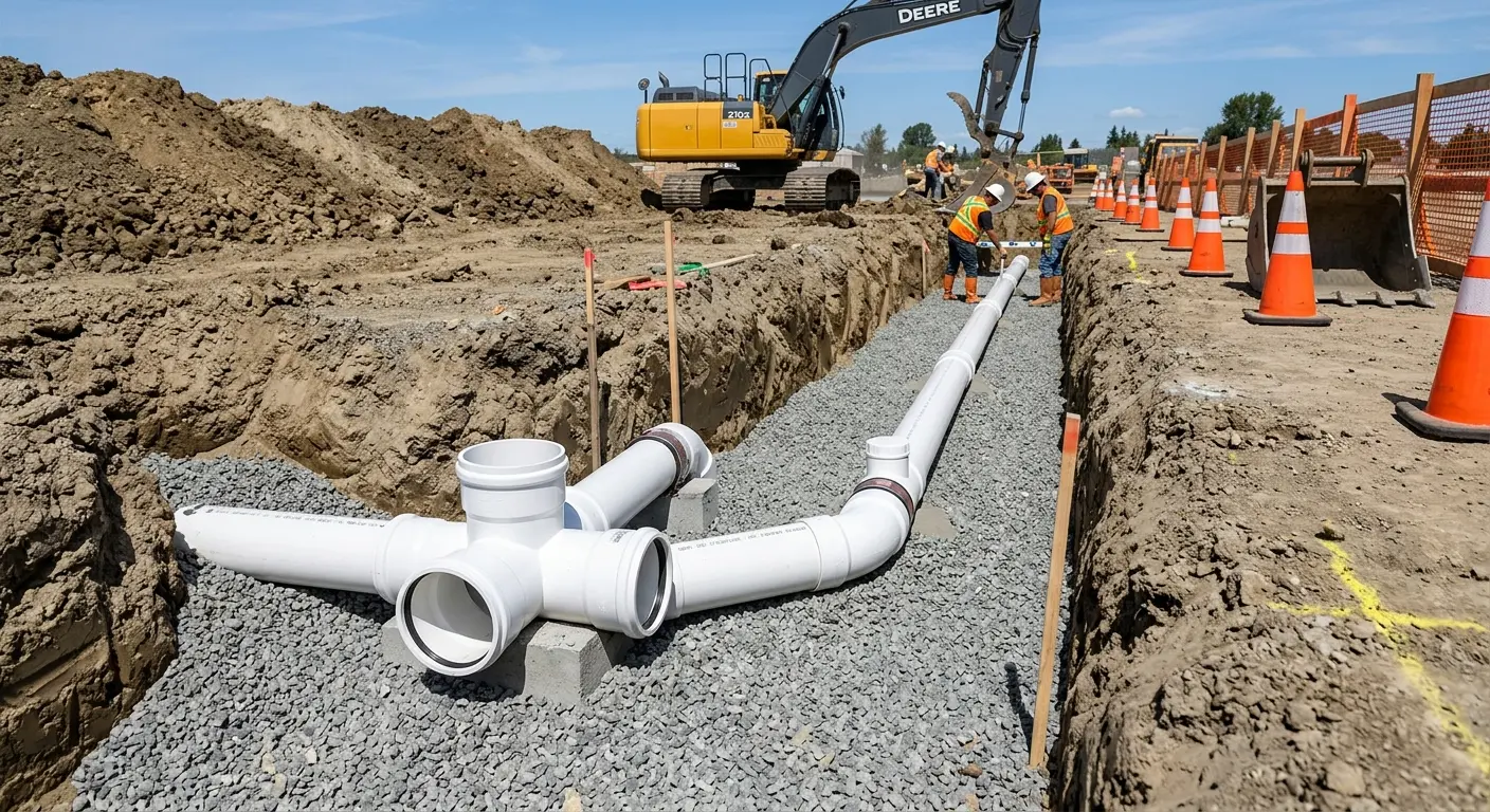 New PVC sewer pipe installation in open trench for Sewer Backup in Kasson