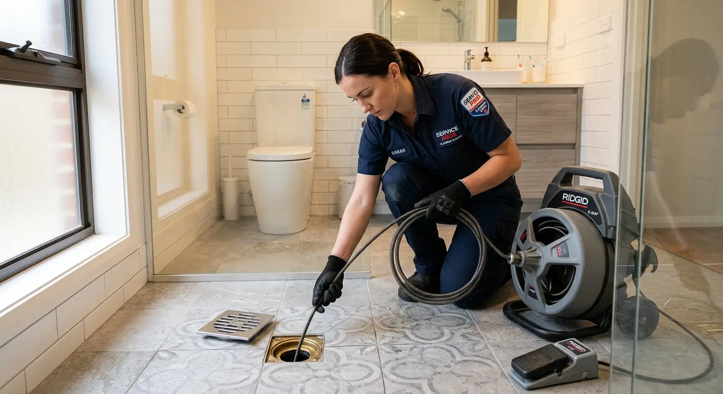Technician clearing a bathroom floor drain for Sewer Line Installation in Kasson